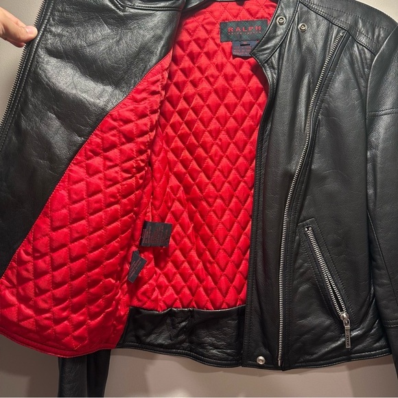 RALPH Ralph Lauren Genuine Leather Black Moto Jacket Quilted Red Lining Medium - Picture 13 of 16